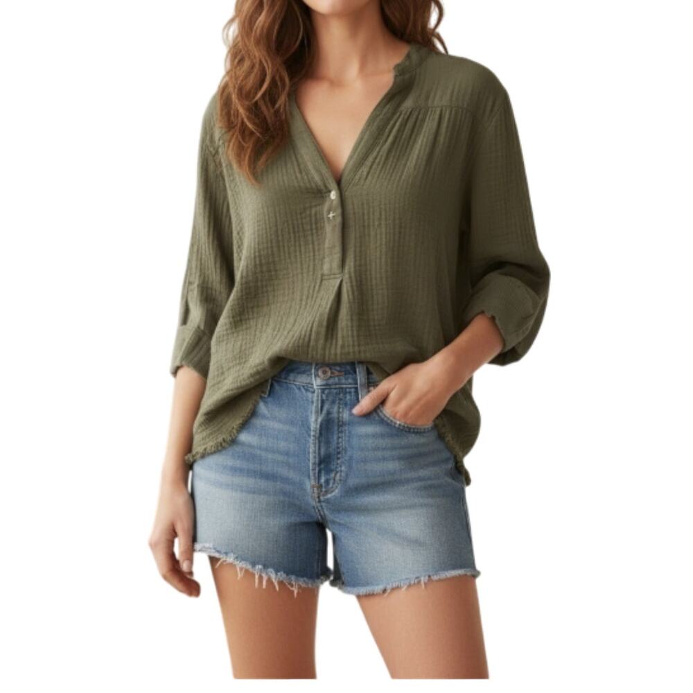 FREE PEOPLE Changing Horizons V Neck Top Sz S Olive Green Gauze Oversize Boho